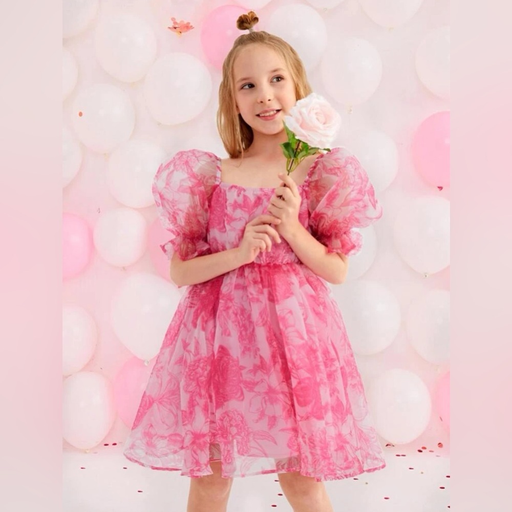 Pink puff Sleeve Square Neck Babydoll Floral Dress Girls 11-12